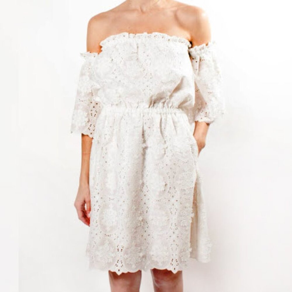 Perseverance London Off Shoulder Eyelet Lace Overlay Romantic Cream Mini Dress